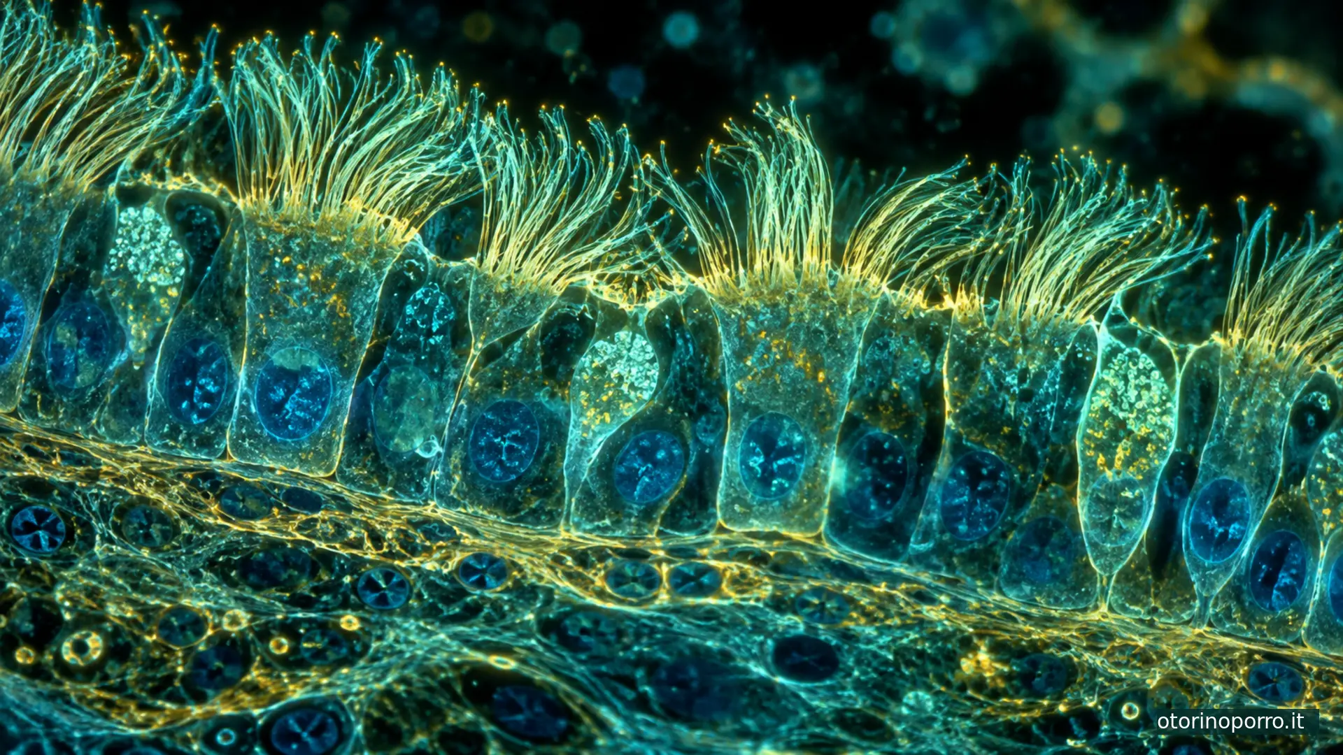 Immagine microscopica delle cellule ciliate della mucosa nasale