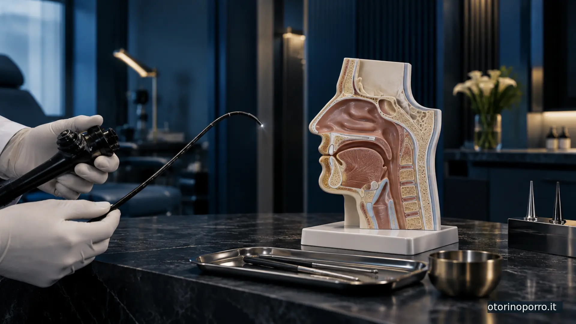 Strumentazione ORL e modello anatomico di naso e gola
