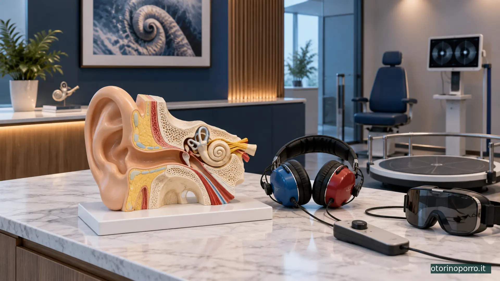 Modello anatomico dell’orecchio e strumenti per audiologia e vestibologia