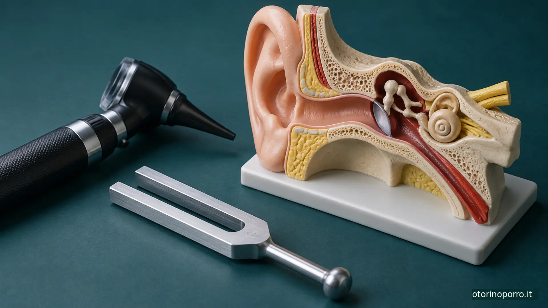 Otoscopio, diapason e modello anatomico dell’orecchio